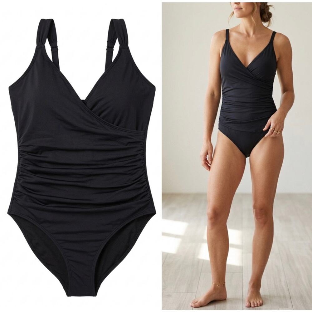 Anne Cole Black Surplice Ruched One Piece Swimsuit Size 16